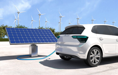Electric cars are charged at the station using solar panels, Electric power is an alternative fuel. 3D illustration