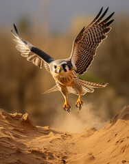 Fototapeta premium flying Lanner Falcon, reallife animals, sand desert сreated with Generative Ai