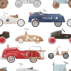 Watercolor cute pattern with retro toy cars. Wallpaper for boy. Vintage style. Isolated on white background.