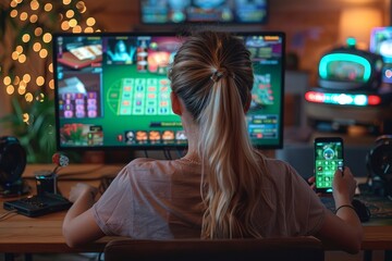 Young female deeply engaged in multiple online casino games, immersed in the virtual gambling world
