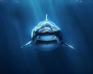 A great white shark swimming in the deep blue sea with its mouth open and teeth bared.