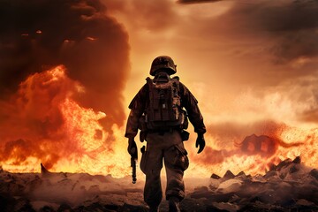 Special Forces Military soldier walking through destruction and battlefield warzone aftermath as wide banner.