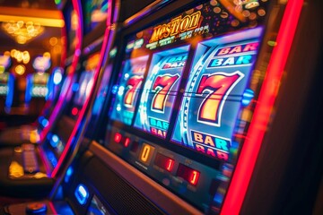A colorful array of illuminated slot machines at a casino, embodying luck and entertainment