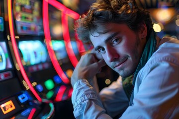 Fototapeta premium A person is captivated by the slot machine play amidst the vibrant neon lights of the casino atmosphere