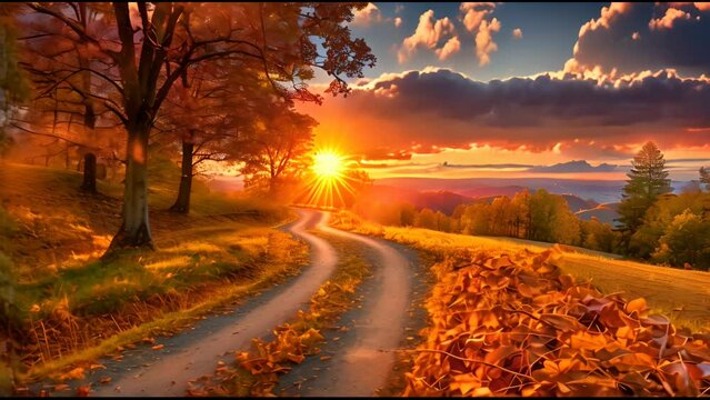 Beautiful autumn landscape with trees and road at sunset, beautiful autumn background, beautiful wallpaper for mobile phone high quality