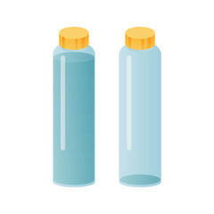 Variation of blue reusable plastic bottle isolated on white background. Empty, full bottle. Modern vector flat illustration. Social Media Ads. Healthy lifestyle.