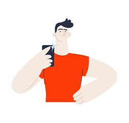 Smiling white skin tone man in sport clothes hold smartphone with camera flash on it. Modern vector flat illustration. Healthy lifestyle. Social media ads.