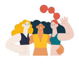 Group of beautiful young smiling women embracing each other. Different skin tone females in sport clothes standing opposite each other holding arm on waist, waving hello. Vector flat illustration.