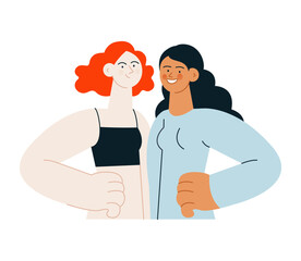 Two beautiful young smiling  women embracing each other. Different skin tone females in sport clothes standing opposite each other holding arm on their waist. Modern vector flat illustration. Healthy