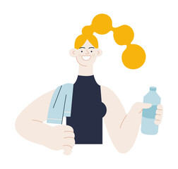 Beautiful and smiling white skin tone woman in sport clothes with towel on her shoulder hold plastic water bottle. Modern vector flat illustration. Healthy lifestyle. Social media ads.