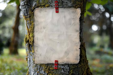 A mockup of an old paper board pinned to a tree representing a natural space for ads or art