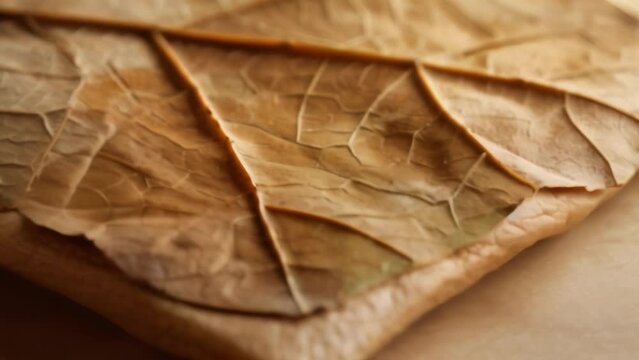 Closeup of a square piece of edible packaging made from cassava root and other natural materials. The surface is textured with a leaf pattern and is folded into a box shape to hold .