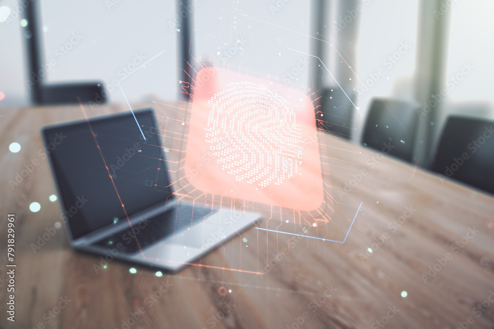 Poster double exposure of abstract creative fingerprint hologram on computer background, protection of pers