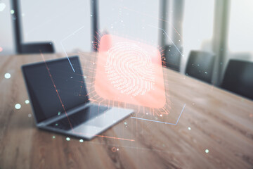Double exposure of abstract creative fingerprint hologram on computer background, protection of personal information concept