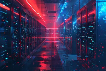 Artwork portraying cybersecurity measures implemented in a data center, such as firewalls, encryption, and threat detection systems, safeguarding against unauthorized access and cyber attacks - 791829980