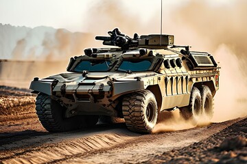 panoramic view of a generic military armored personnel carrier vehicle during a special operation at a warzone.