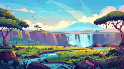 Foto op Aluminium In the evening, a savannah landscape with acacia trees, waterfall, and mountains on the horizon. Modern cartoon illustration of savanna landscape with green grass and water stream rushing from © Mark