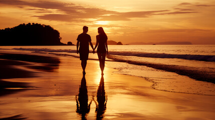 Couple walking on the beach at sunset