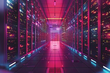 Illustrations depicting rows of server racks neatly arranged in a data center, with blinking lights and cables, portraying the hub of computational power and storage infrastructure - 791830198