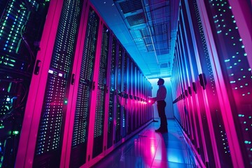 Images highlighting the scale and complexity of a server room environment, with technicians working among towering racks, emphasizing the critical role of data centers in modern digital operations - 791830309