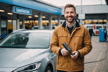 Smiling Man holding electric plug standing by emectric car at station