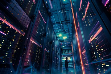 Images highlighting the scale and complexity of a server room environment, with technicians working among towering racks, emphasizing the critical role of data centers in modern digital operations - 791830321