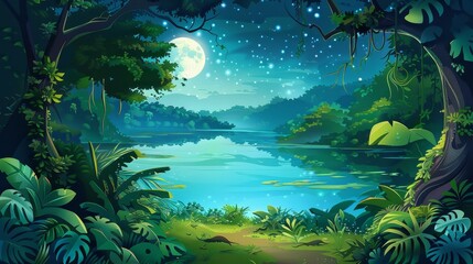 Imaginary landscape of a jungle forest with pond, grass, trees and lianas at night. Modern illustration. - obrazy, fototapety, plakaty