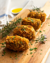 Eggplant and apple croquettes. Traditional tapa recipe from Spanish gastronomy.