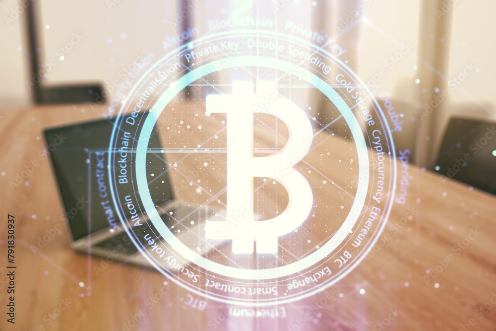 Aufkleber double exposure of creative bitcoin symbol with modern laptop on background. cryptocurrency concept