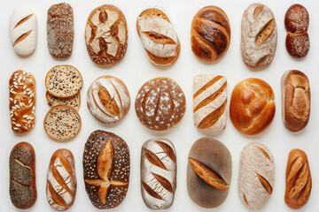Assortment of different types of bread on white background, top view flat lay concept for bakery and food market