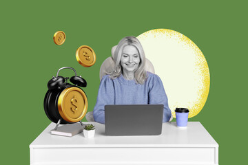 Creative picture collage mature businesswoman laptop freelancer money earnings investor trader golden coins time management alarm