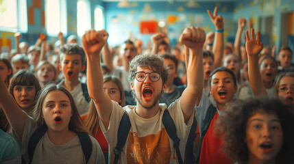 A group of students screaming and protesting during a strike, standing up for their rights 