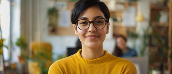 An attractive young Hispanic woman with short, dark hair and glasses poses for the camera in a creative office. - obrazy, fototapety, plakaty