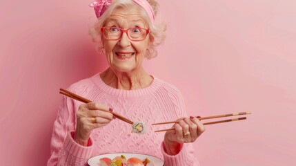 Joyful Senior Woman with Sushi - obrazy, fototapety, plakaty