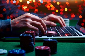 An engaging image depicting hands engaged in online gambling with colorful poker chips and a laptop, symbolizing risk and chance