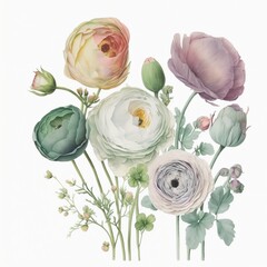 Ethereal bouquet of watercolor ranunculus flowers in pastel tones against a pristine background