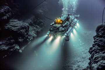 Cutting-edge sonar for mapping systems pierce the ocean's depths. Submersibles, remotely operated vehicles, ROVs, rovers, diving/scuba vehicle. - obrazy, fototapety, plakaty