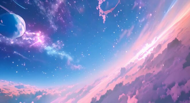 A beautiful painting of a night sky with a blue and pink color scheme. There are shooting stars and clouds in the sky, and a planet in the background.