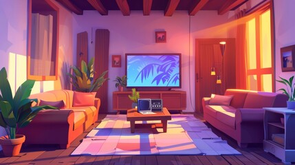 This illustration shows an interior of a living room with a sofa, tv set, play console with joystick and potted plants. This illustration is a modern cartoon illustration of a lounge with a coffee