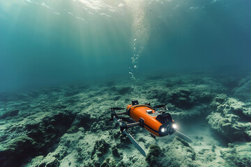 Cutting-edge sonar for mapping systems pierce the ocean's depths. Submersibles, remotely operated vehicles, ROVs, rovers, diving/scuba vehicle. - obrazy, fototapety, plakaty