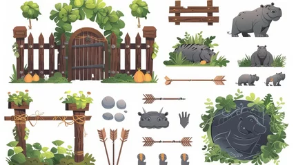 Fototapete Cartoon modern set of zoo landscape elements, including a wooden arch and fence, as well as african animals. The set has wooden arrows on a pole, a pond with a hippo, along with a green plant in the © Mark