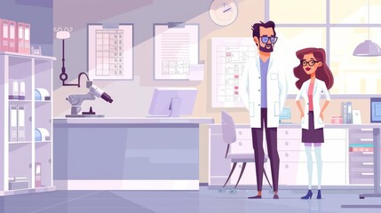 An optician examines a patient's eyesight with an eye test chart in a medical clinic office. This modern flat illustration shows a man optometrist in glasses examining a woman's eyesight in a health
