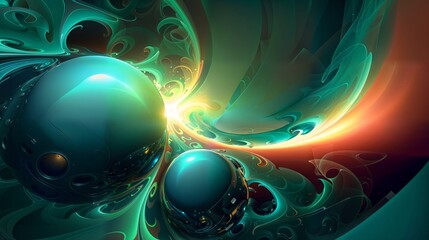 Cosmic Orbs Floating in a Swirling Neon Fractal Universe. - obrazy, fototapety, plakaty