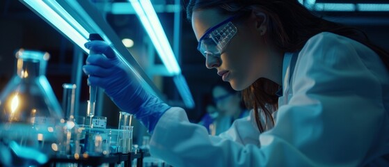 An advanced scientific lab for medicine, microbiology development has a woman scientist working with a micro pipette, analyzing biochemical samples. - obrazy, fototapety, plakaty