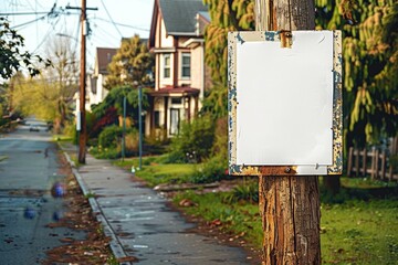 A distressed blank signpost amidst suburban homes basks in the warm sunlight