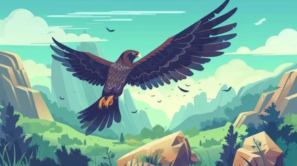 Rolgordijnen Illustration of a black eagle, falcon, or hawk flying with outspread wings over nature landscape with green valleys, rocks, and spruces. Modern illustration of a wild bird predator in the sky. © Mark