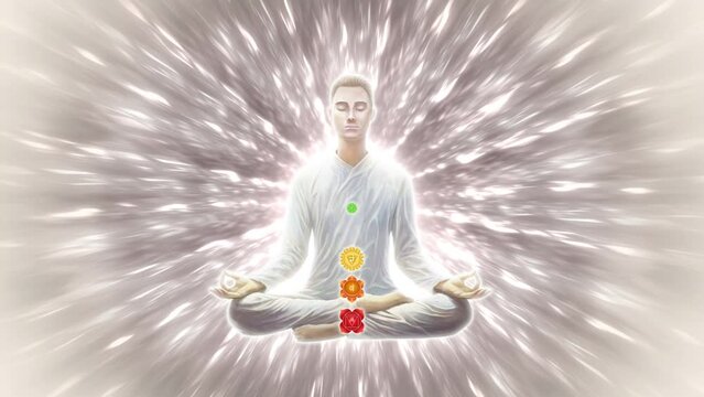 Male Yogi Meditating with Seven Chakras Symbols