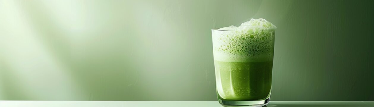 A glass of matcha latte on a green background.