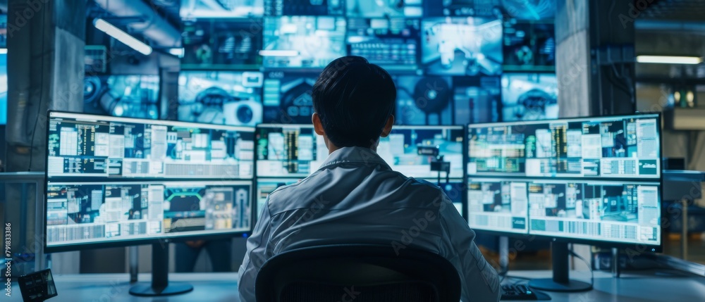 Poster high-tech security at an industry 4.0 modern factory: security operator monitors workshop production