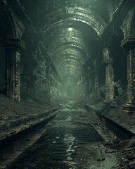 An abandoned subway line rediscovered by urban explorers, leading to isolated ancient ruins